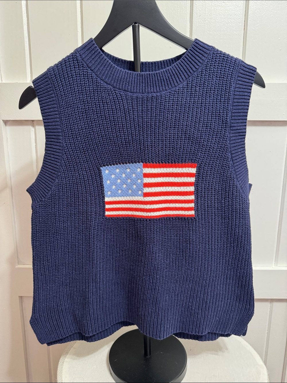 Sleeveless Navy Knit Sweater Vest with American Flag Patch